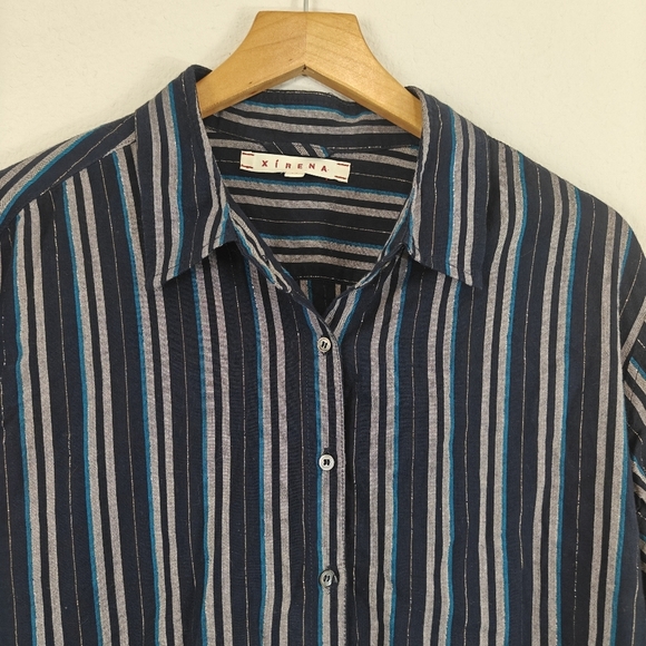 XIRENA Long Sleeve Button Up Poplin Beau Shirt In Night Spark Size Medium - Picture 12 of 16